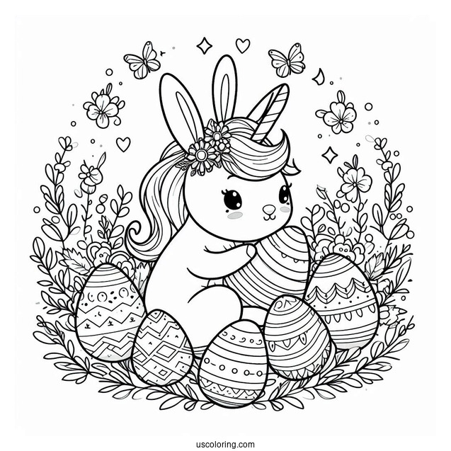 Easter Coloring Page Of Bunny With A Unicorn Surrounded By Easter Eggs