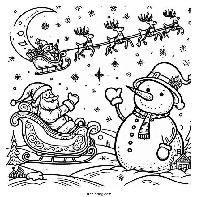Snowman Waving At Santa On A Sleigh Flying Over The North Pole Coloring Page