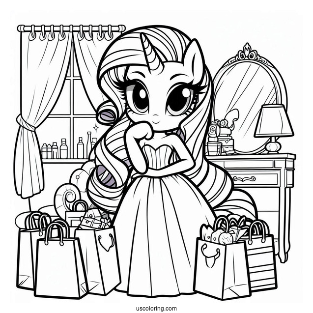 Elegant Rarity Coloring Page In Her Room With Shopping Bags
