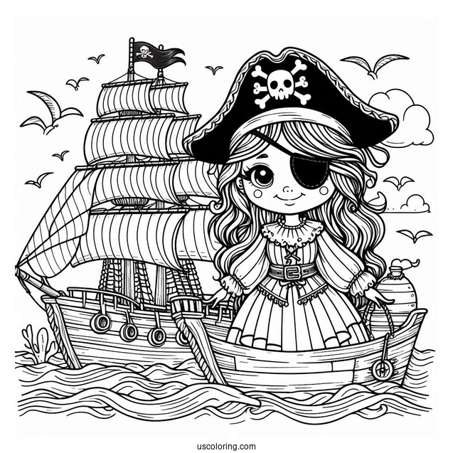 Pirate With Eyepatch On The Deck Of A Pirate Ship Coloring Page