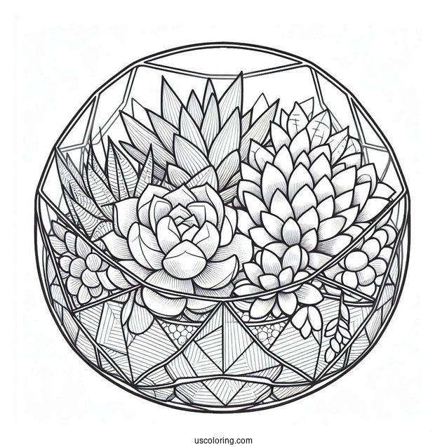 Succulent Coloring Page In Geometric Glass Terrarium