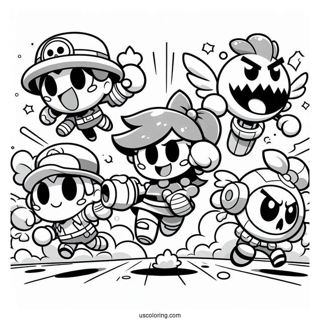 Brawl Stars Coloring Page Of Shelly, Spike, Pam, Piper, Rico, And Crow In A Brawl