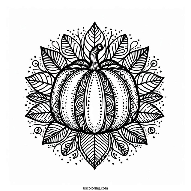 Intricate Pumpkin Coloring Page Mandala With Leaves