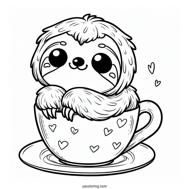 Kawaii Sloth Sitting In Teacup Coloring For Preschoolers