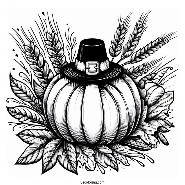 Pumpkin Coloring Page With Pilgrim's Hat, Fall Leaves, And Wheat