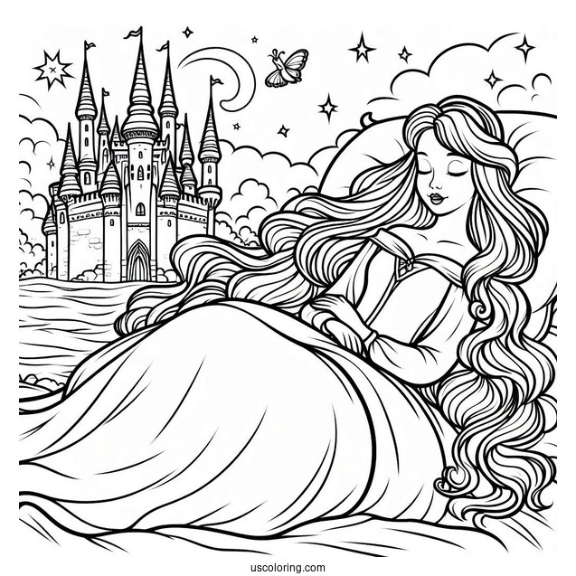 Coloring Page Of Sleeping Beauty With Castle In Background