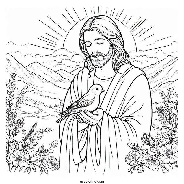 Peaceful Jesus Coloring Pages Holding A Bird For Kids