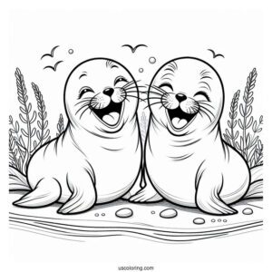 Two Seal Coloring Page Laughing On Land