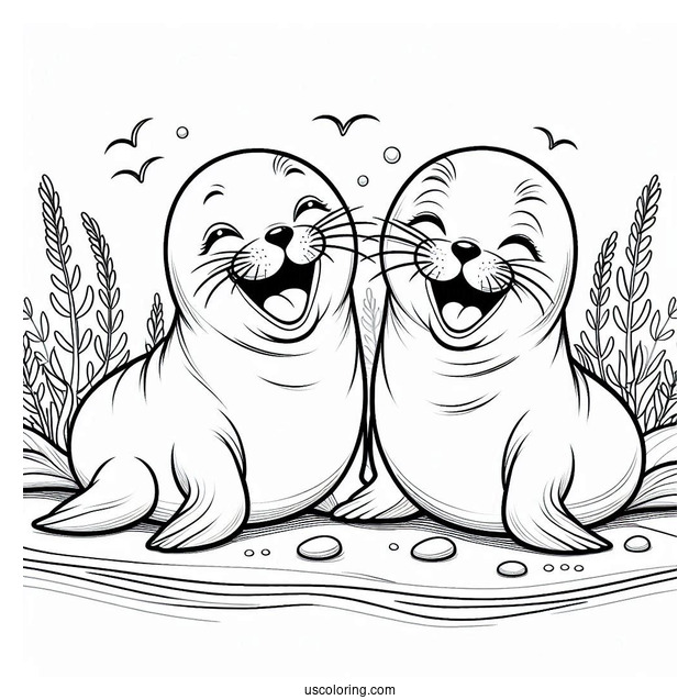 Two Seal Coloring Page Laughing On Land