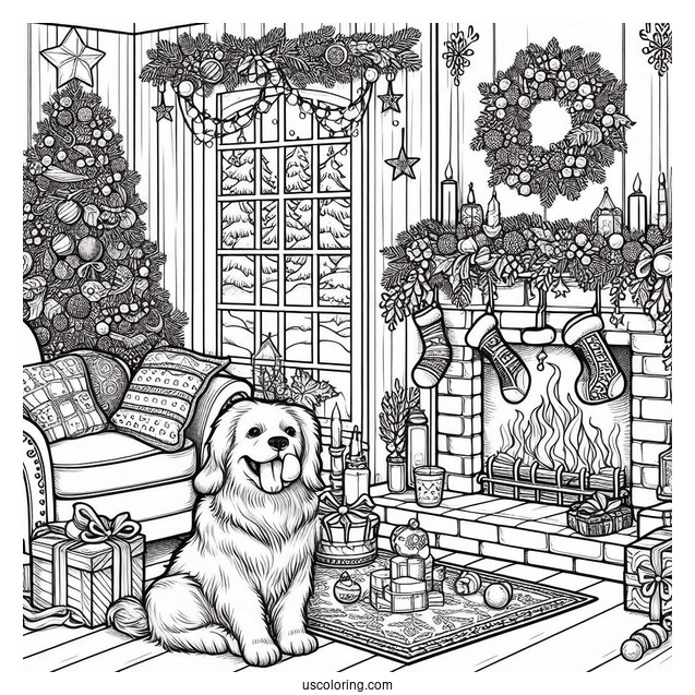 Christmas Coloring Pages For Adults Of Detailed Christmas Living Room With Dog And Cat In Front Of Fireplace