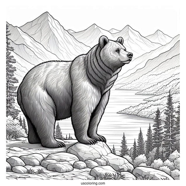Realistic Bear Coloring Page Standing Up In Mountainside