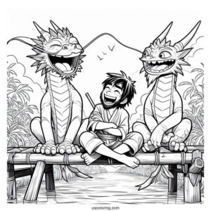 Raya And The Last Dragon Coloring Page Of Ongis Dyan, Pan, and Uka Laughing On Bamboo Bridge