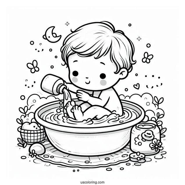 Beautiful Baby Coloring Page Playing In A Basin