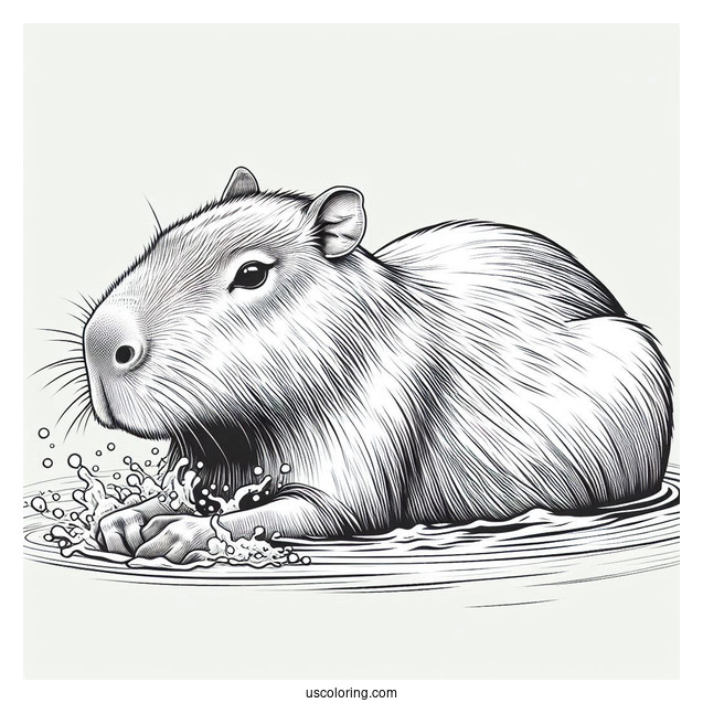 Realistic Capybara Coloring Page Taking A Bath