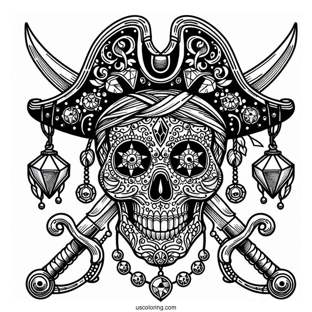 Bejeweled Pirate Coloring Page Skull With Swords For Kids