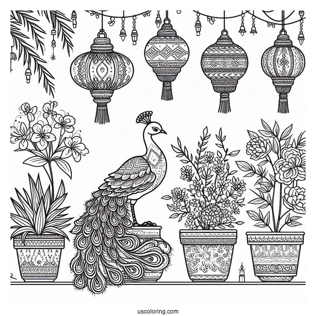 Elegant Peacock Coloring Page Among Hanging Lanterns And Potted Plants