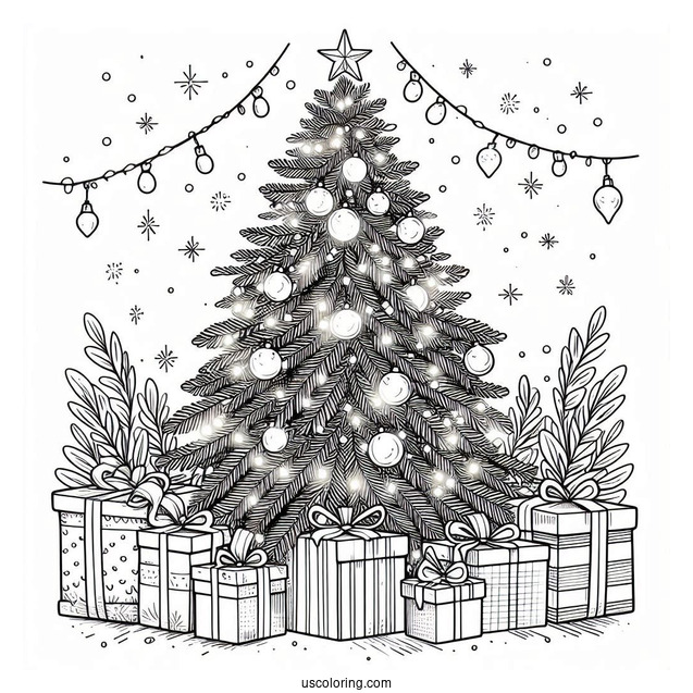 Christmas Tree With Light, Tinsel And Presents