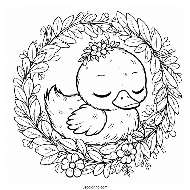 Sleeping Duckling Inside A Flower Wreath