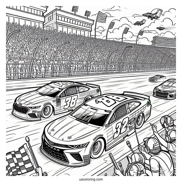NASCAR Coloring Page Race Cars On Track With Crowd In Background