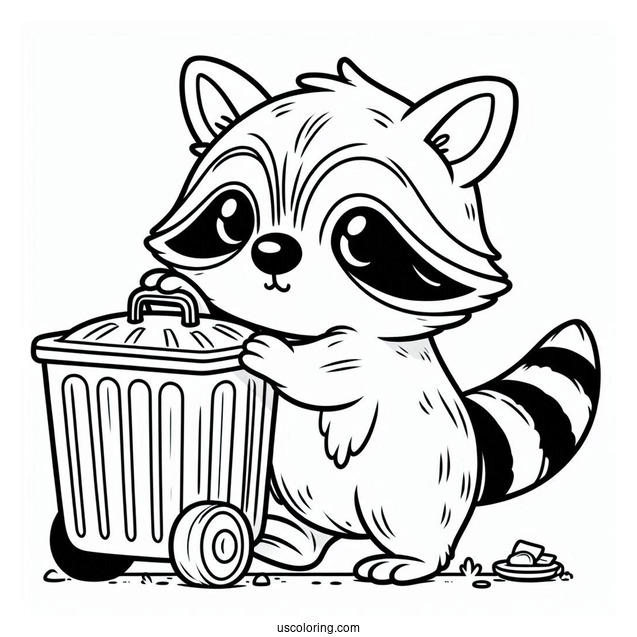 Raccoon Coloring Page Pushing A Garbage Bin