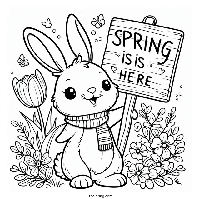 Rabbit Holding A Spring Is Here Sign Coloring Sheet
