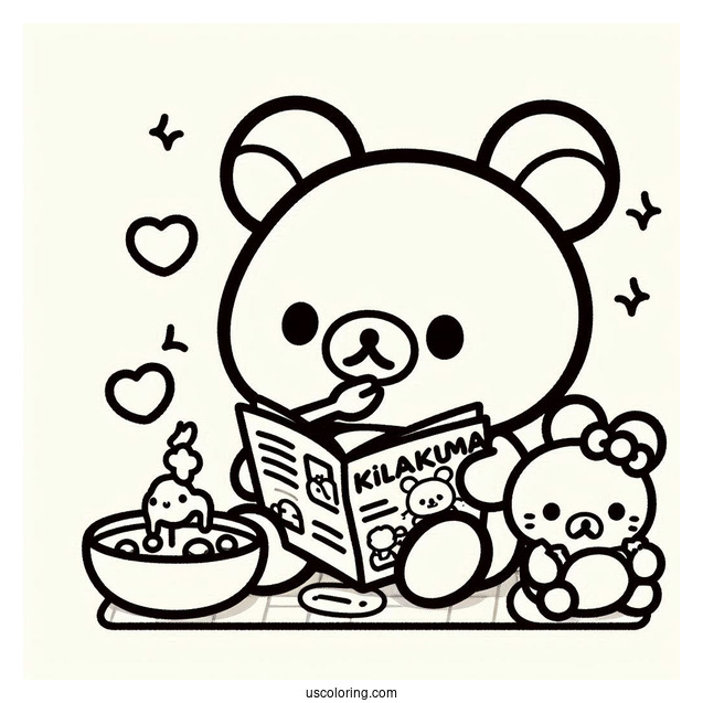Rilakkuma Coloring Page Of Korilakkuma, And Kiiroitori Eating While Reading Magazine For Kids