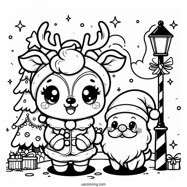 Chibi Rudolph Coloring Page And Santa Under A Lamppost For Preschoolers