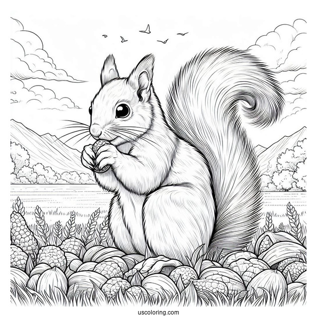 Realistic Squirrel Coloring Page Eating Nut On Field