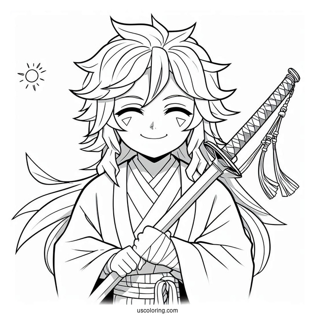 Smiling Tanjiro Coloring Page Holding Nichirin Sword Behind Him