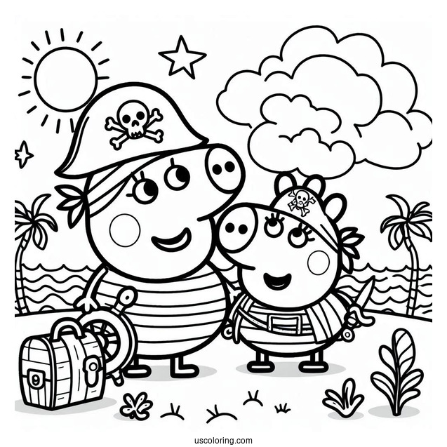 Peppa Pig Playing Pirates With Friend Coloring Page
