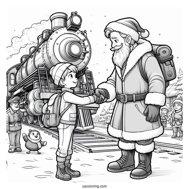 Polar Express Coloring Page Of Hero Boy Shaking Hands With Santa Claus