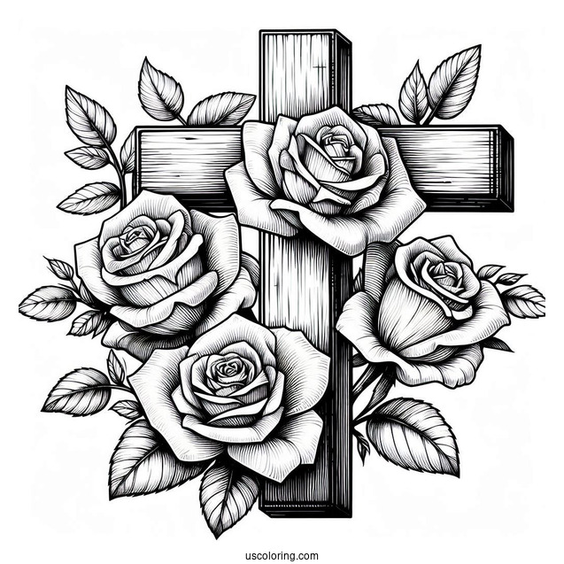 Wooden Cross With Roses To Color