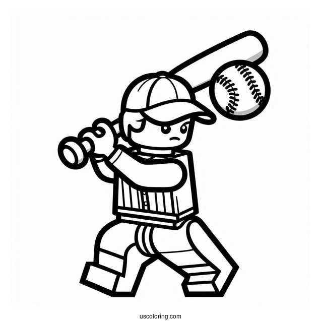 LEGO Baseball Coloring Page Player Swinging A Bat for Kids