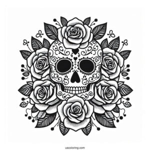 Easy Sugar Skulls Coloring Page With Roses For Kids