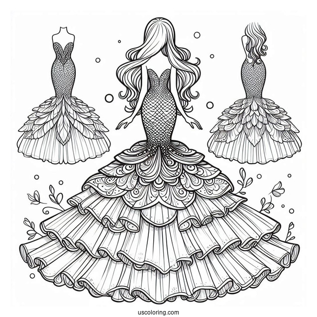 Mermaid Dress Coloring Page With Large Layered Tulle Bottom