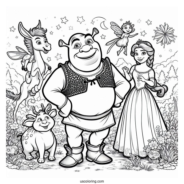 Shrek With Fiona And Friends To Color
