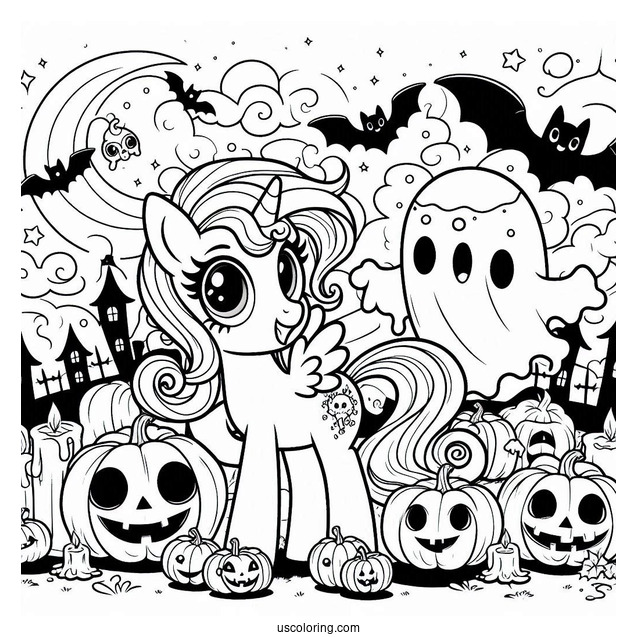 Coloring Sheet of Halloween My Little Pony with Ghosts and Jack-O-Lanterns