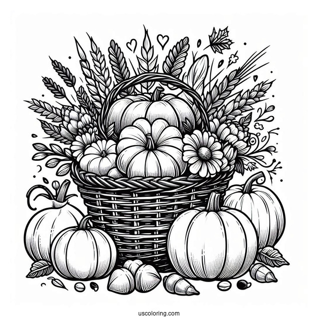 Pilgrim Coloring Page Of Cornucopia Filled With Pumpkins, Flowers, And Other Harvest