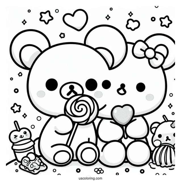 Kawaii Korilakkuma And Kiiroitori Eating Lollipop On Top Of Rilakkuma Coloring Page