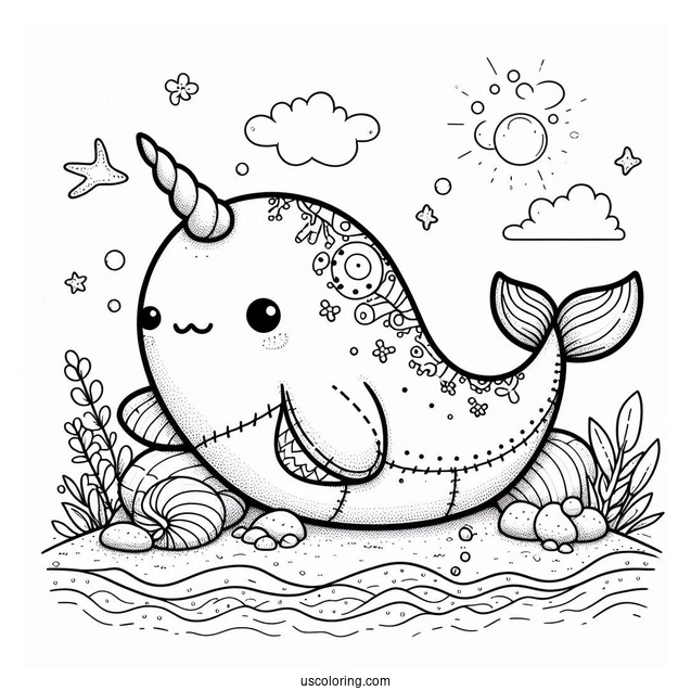 Stitch And A Narwhal Coloring Page Lounging At The Beach
