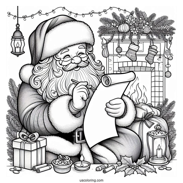 Detailed Santa Reading His List Coloring Sheet