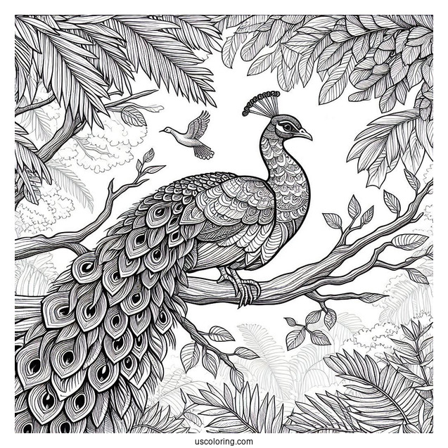Realistic Peacock Coloring Page on Tree Branch in Forest For Adults