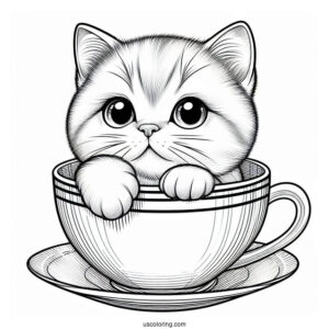 Coloring Page Of Realistic Cat Inside Teacup