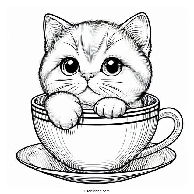 Coloring Page Of Realistic Cat Inside Teacup