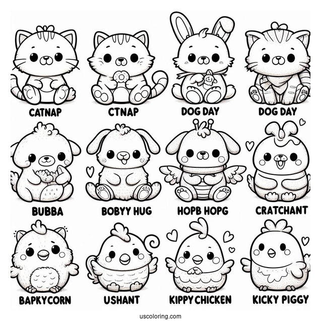 Smiling Critters Coloring Page Of CatNap, DogDay, Bobby BearHug, Bubba Bubbaphant, CraftyCorn, Hoppy Hopscotch, KickinChicken, And PickyPiggy
