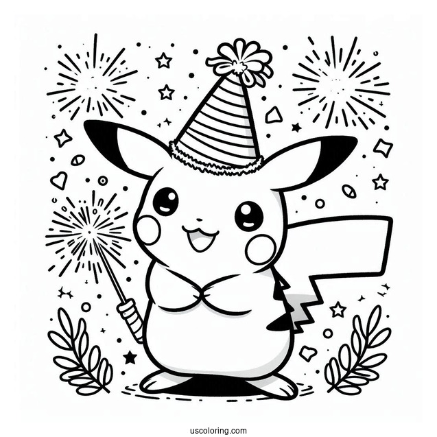 Pikachu With A Party Hat And Sparklers On The New Year Coloring Page For Preschoolers