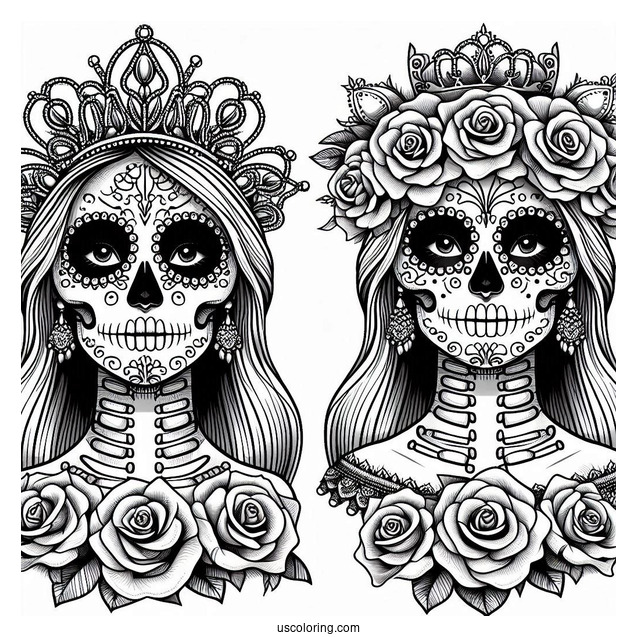 Realistic Sugar Skulls Coloring Page Costume With Tiara And Rose Wreath