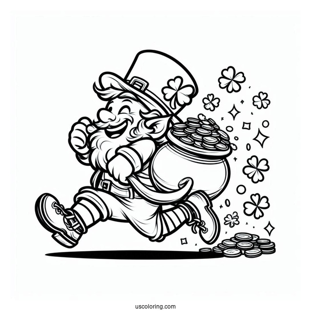 St. Patrick's Day Coloring Page Leprechaun Running Away With A Pot Of Gold