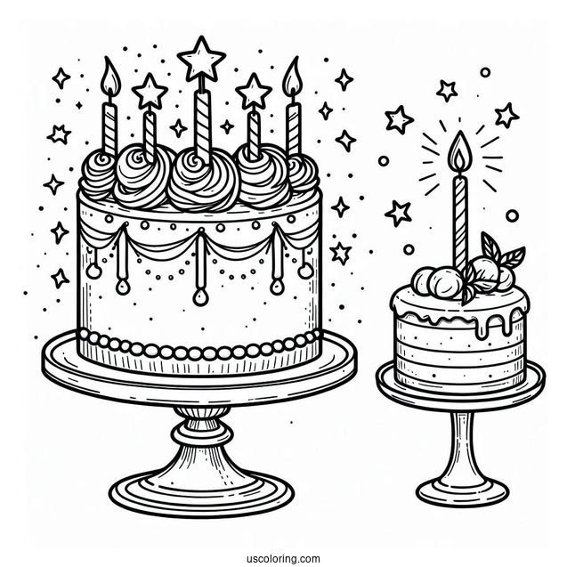 Simple Cake With Star Toppers And Candle Coloring Page