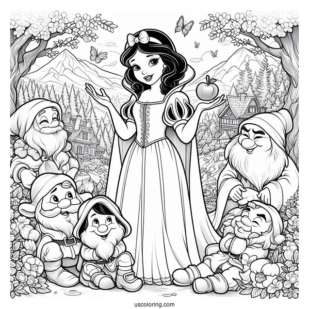 Detailed Snow White Coloring Pages Surrounded By The Dwarves, Prince Charming, And The Evil Queen